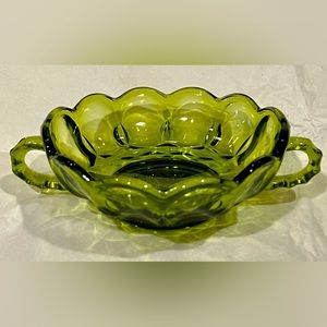 Vintage Green Avocado Glass Candy Dish with Handles